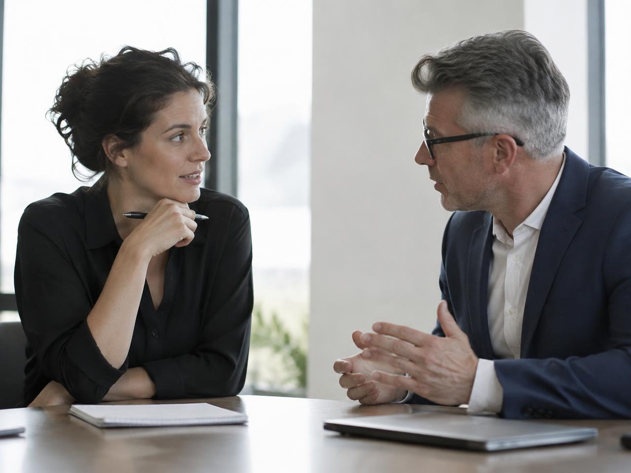 Two colleagues discussing a role across a table in a bright office